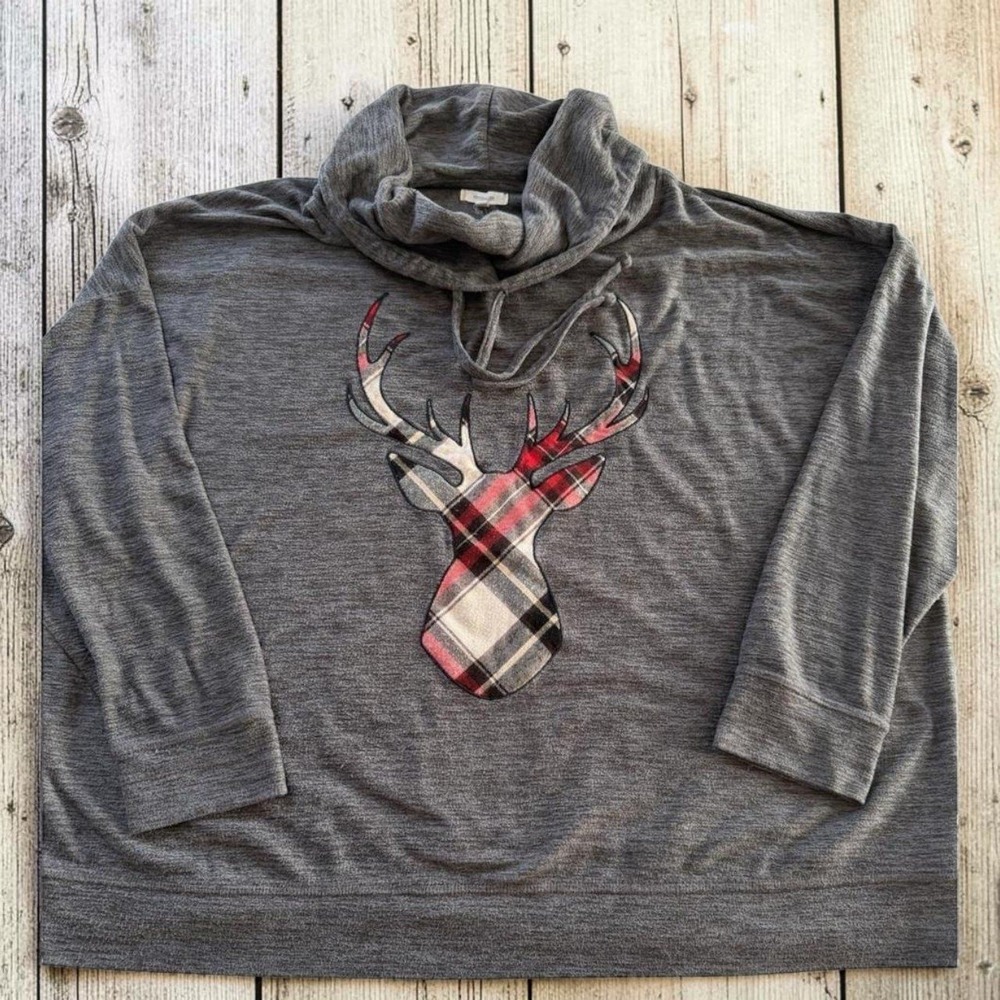 Plaid Deer Graphic Cowl Neck Pullover Top‎ Gray Womens 2X Maurices
